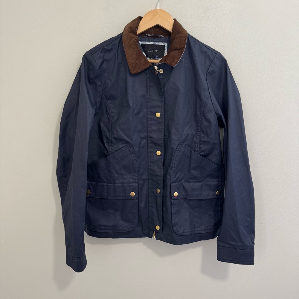 J. Crew Navy Waxed Cotton Jacket with Brown Corduroy Collar